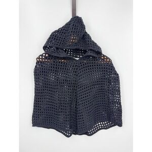 American Attitudes Hooded Poncho Women OS Black Crochet Open Knit Mesh Made USA